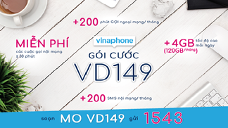 Đăng ký gói cước VD149 Vina nhận 120GB + Gọi thỏa ga